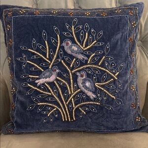 Velvet Pillow with Beaded Bird Design